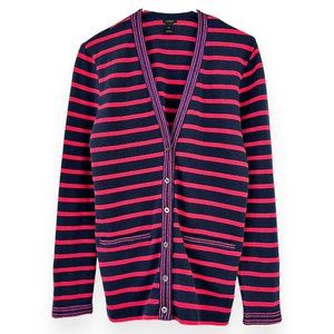 J.Crew Navy Blue & Fuchsia Striped Metallic Trim Cotton Knit Cardigan Sweater
